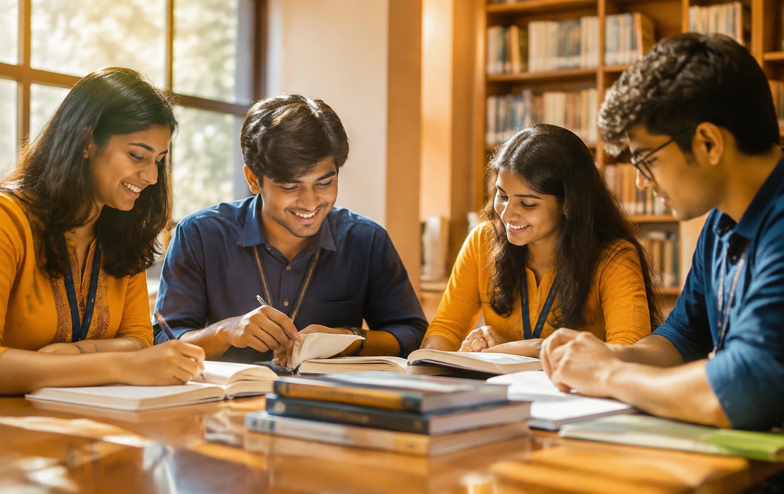 Indian students studying together in a library